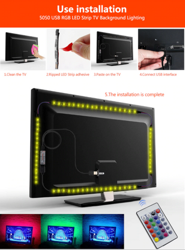 Стрічка світлодіодна RGB 5050 2м з пультом для підсвічування телевізора, монітора, меблів від USB