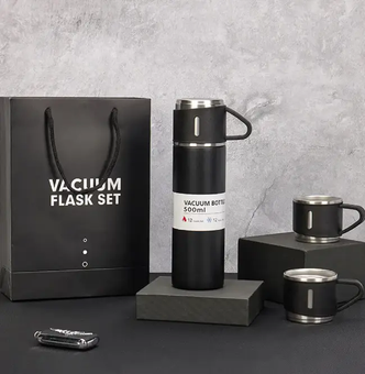 Термос із вакуумною ізоляцією, Подарунковий набір з 3 чашками 500 мл., Черный